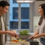 Couple cooking dinner together in their Tempe apartment kitchen