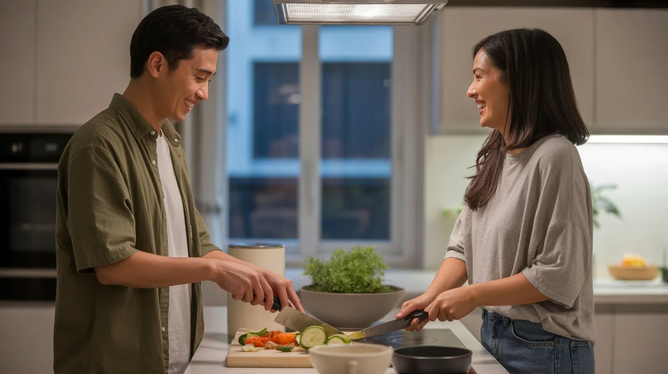 Couple cooking dinner together in their Tempe apartment kitchen