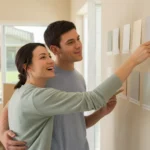 A couple laughs while choosing paint colors for their new home in Goodyear, Arizona.