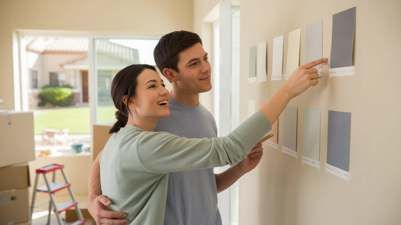 A couple laughs while choosing paint colors for their new home in Goodyear, Arizona.