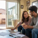Young couple reviewing paperwork in their Buckeye apartment living room