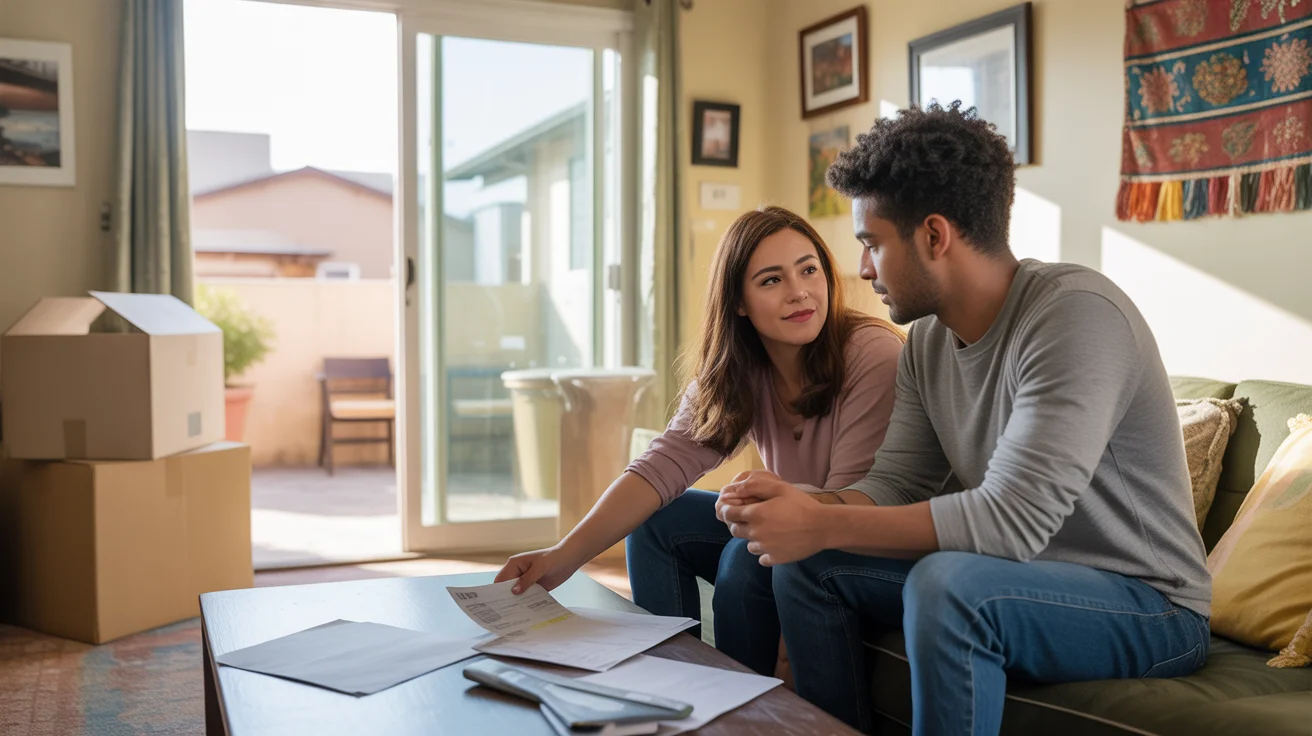 Young couple reviewing paperwork in their Buckeye apartment living room