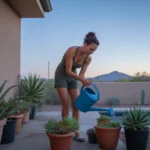 Woman watering potted succulents on shaded patio in Surprise, AZ in early morning