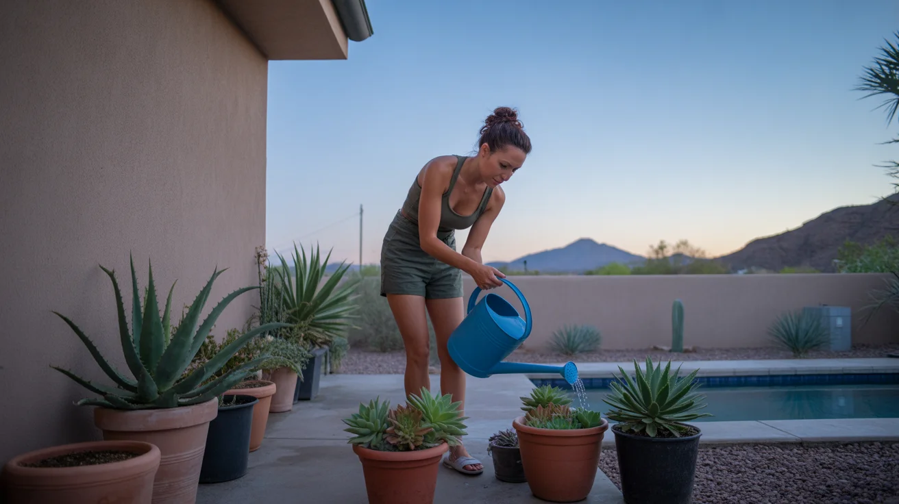 Woman watering potted succulents on shaded patio in Surprise, AZ in early morning
