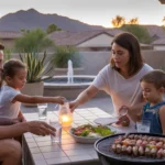 Family enjoying dinner by candlelight on their patio in Peoria, Arizona at sunset to save energy