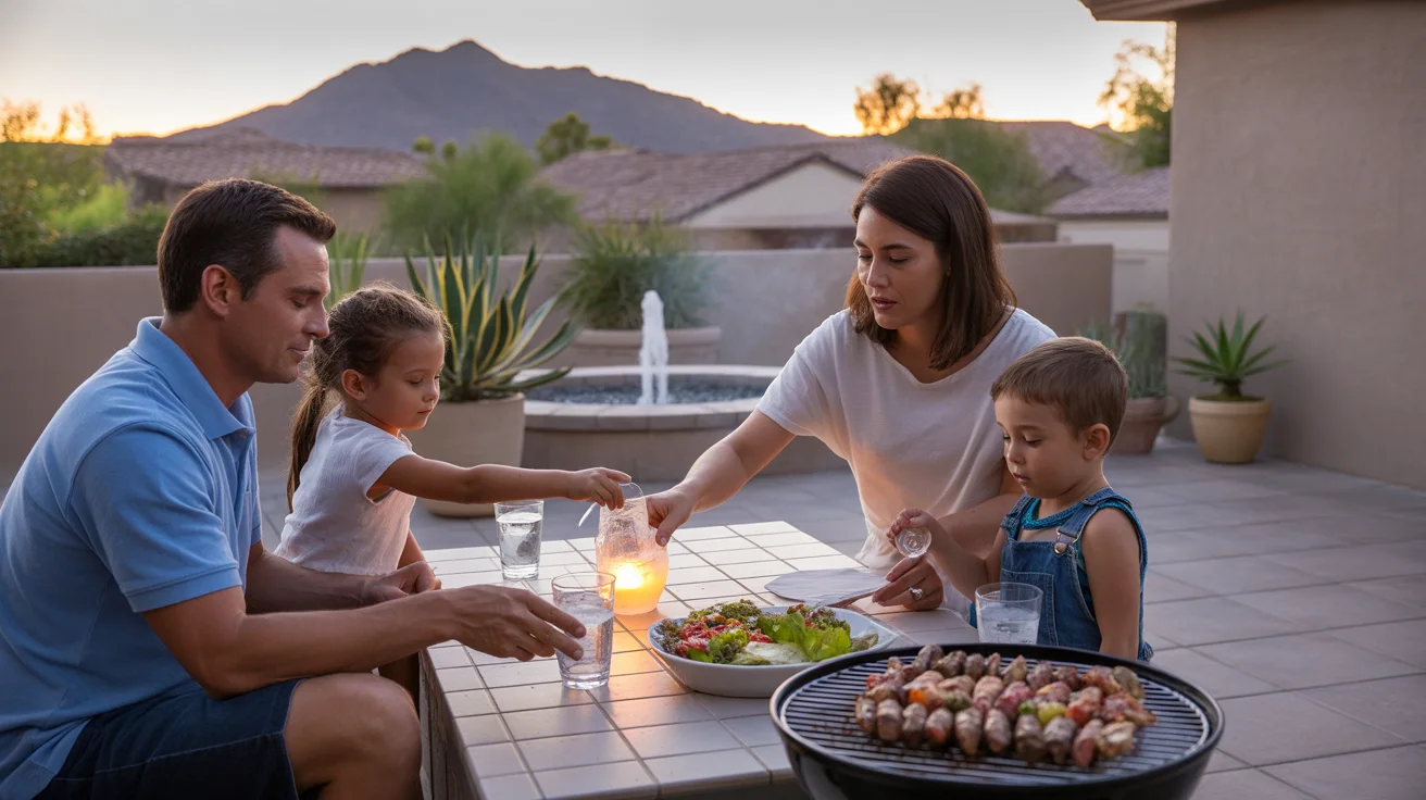 Family enjoying dinner by candlelight on their patio in Peoria, Arizona at sunset to save energy