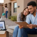 Couple reviewing paperwork on townhouse steps after move to Mesa, AZ