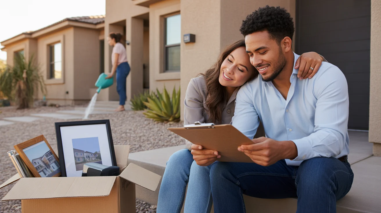 Couple reviewing paperwork on townhouse steps after move to Mesa, AZ