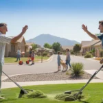 Neighbors wave while mowing their lawns on a sunny morning in a well-maintained Laveen neighborhood.