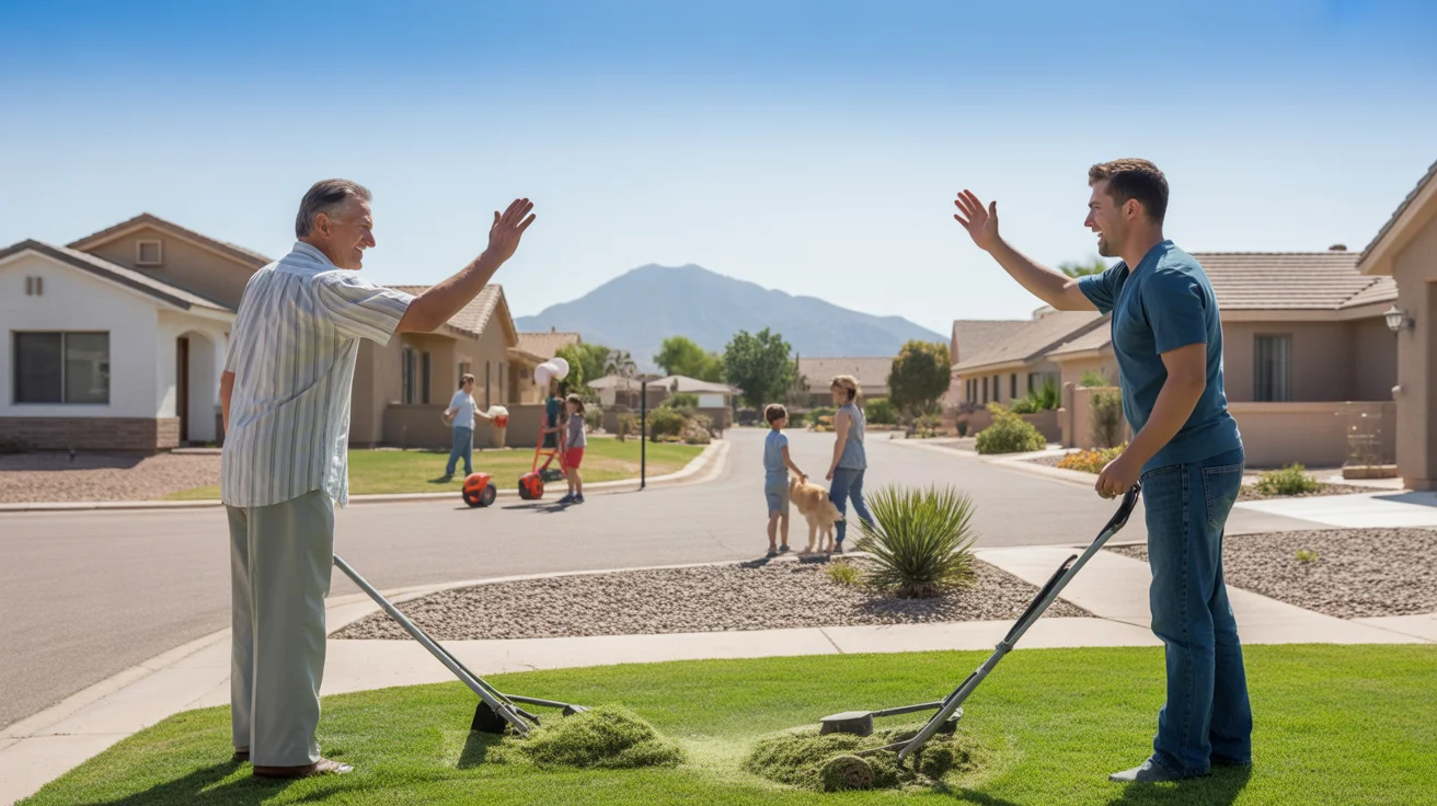 Neighbors wave while mowing their lawns on a sunny morning in a well-maintained Laveen neighborhood.