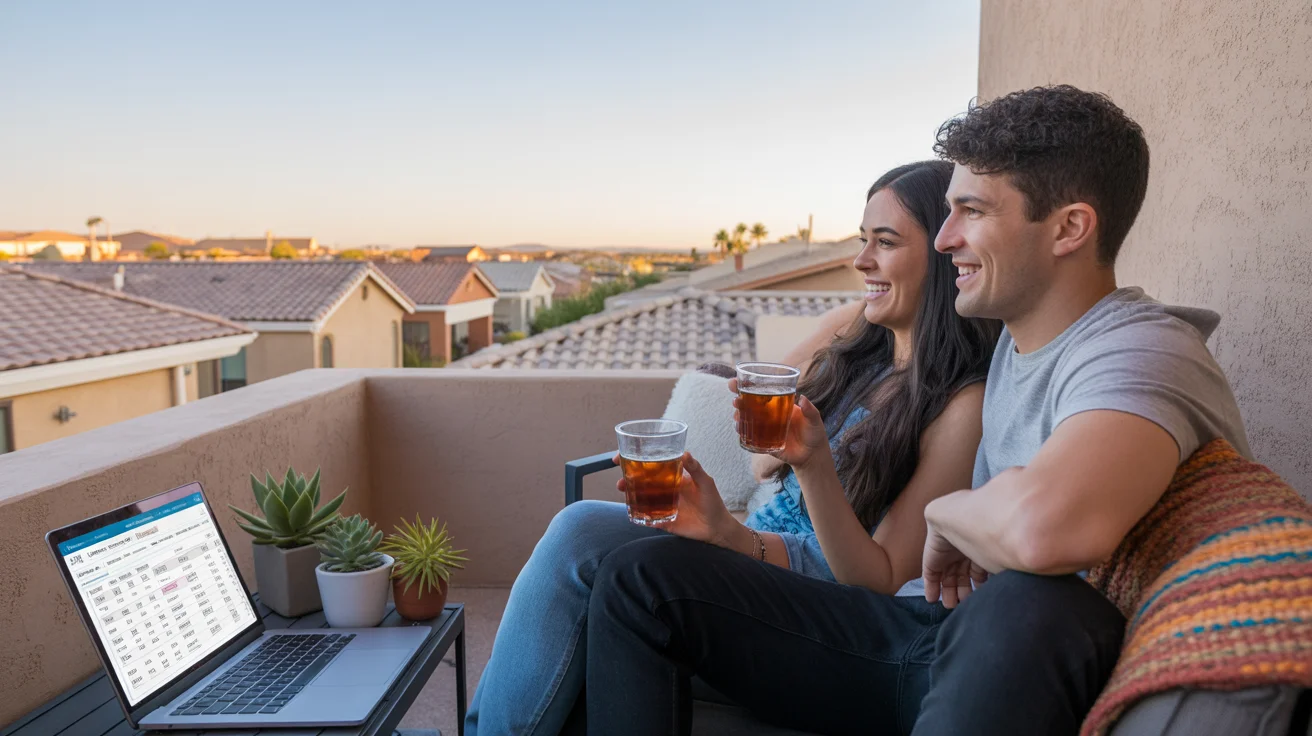 Couple planning their budget on an apartment patio in Scottsdale, Arizona