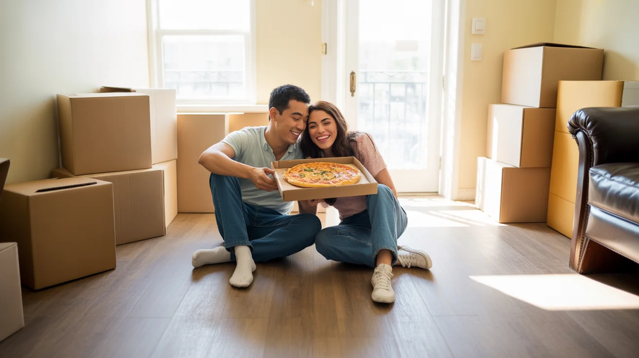 Couple eating pizza on floor of new apartment in El Mirage, AZ, surrounded by moving boxes and basic furniture.