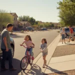 Father pulling into driveway of suburban home in Mesa, AZ as daughter rides bike over to greet him