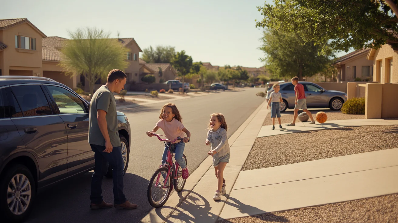 Father pulling into driveway of suburban home in Mesa, AZ as daughter rides bike over to greet him