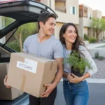Couple unloading boxes from car while moving into a condo in Gilbert, Arizona