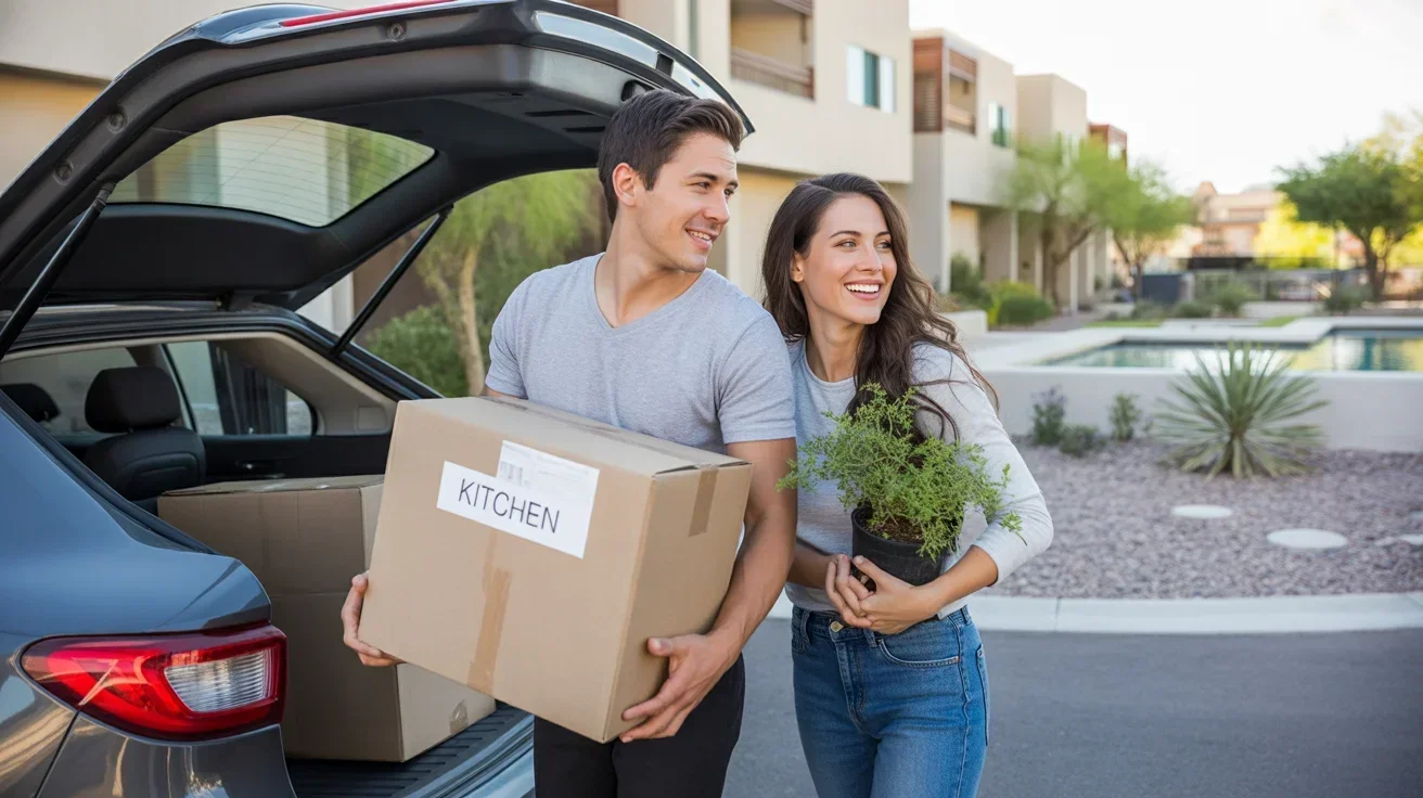 Couple unloading boxes from car while moving into a condo in Gilbert, Arizona