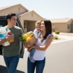 Couple carrying groceries from SUV into suburban home in Buckeye, Arizona