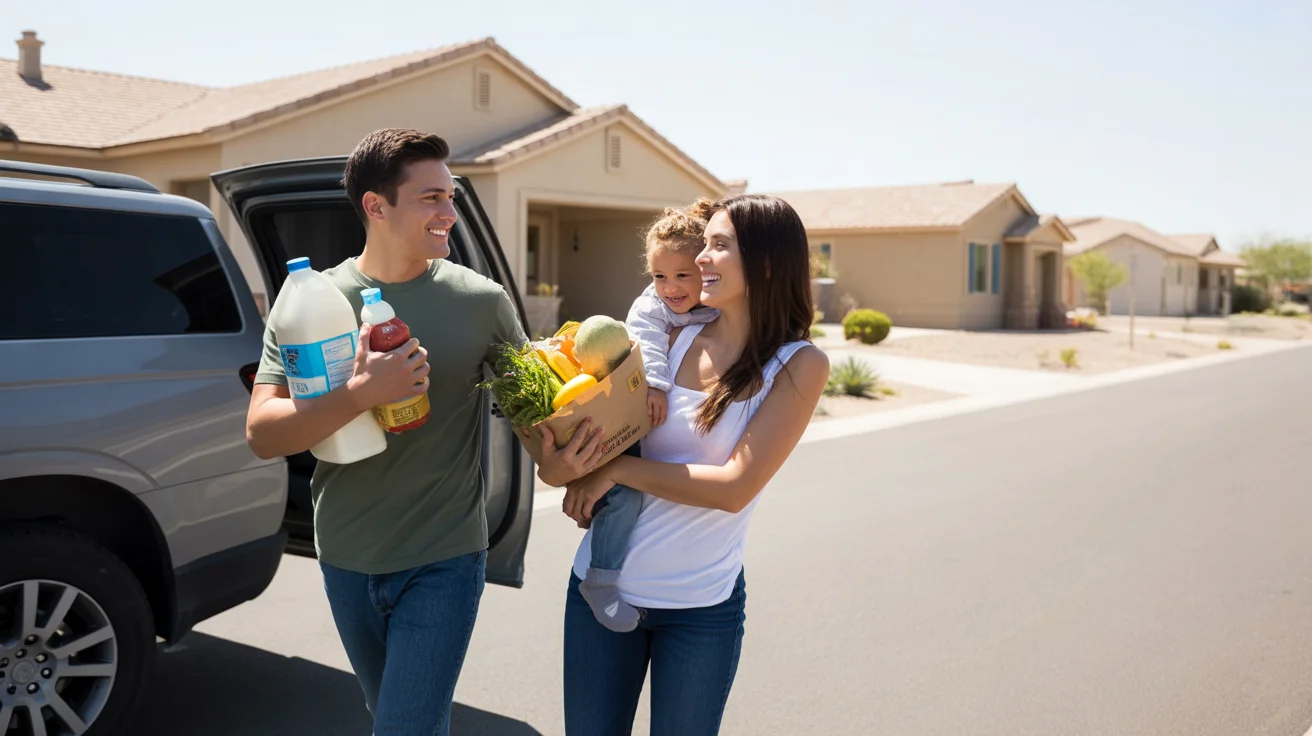 Couple carrying groceries from SUV into suburban home in Buckeye, Arizona
