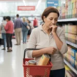 Senior woman grocery shopping in Riverside store aisle