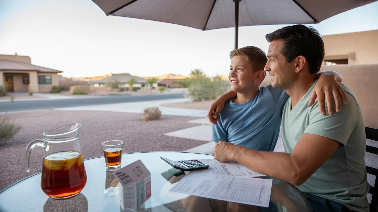 Father and son reviewing utility bill on patio at sunset in Laveen, AZ
