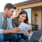 Couple budgeting on patio of Buckeye home at sunset