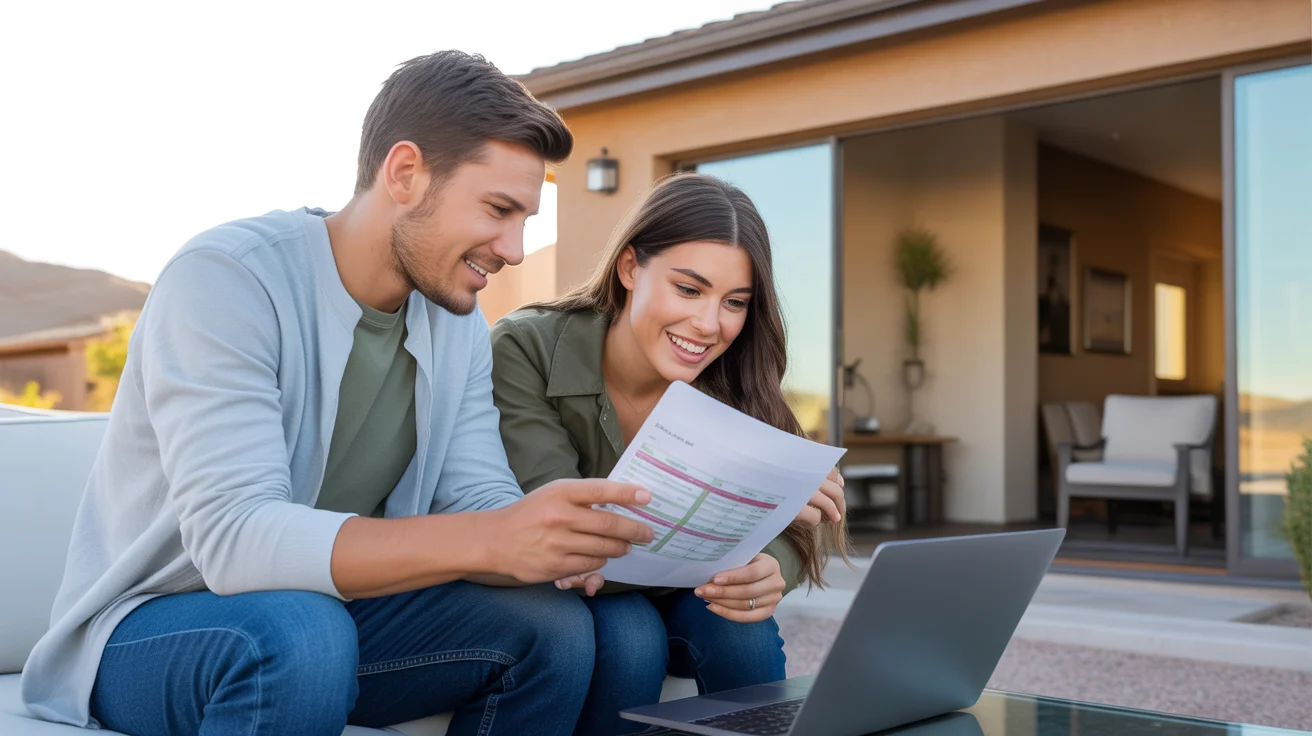 Couple budgeting on patio of Buckeye home at sunset