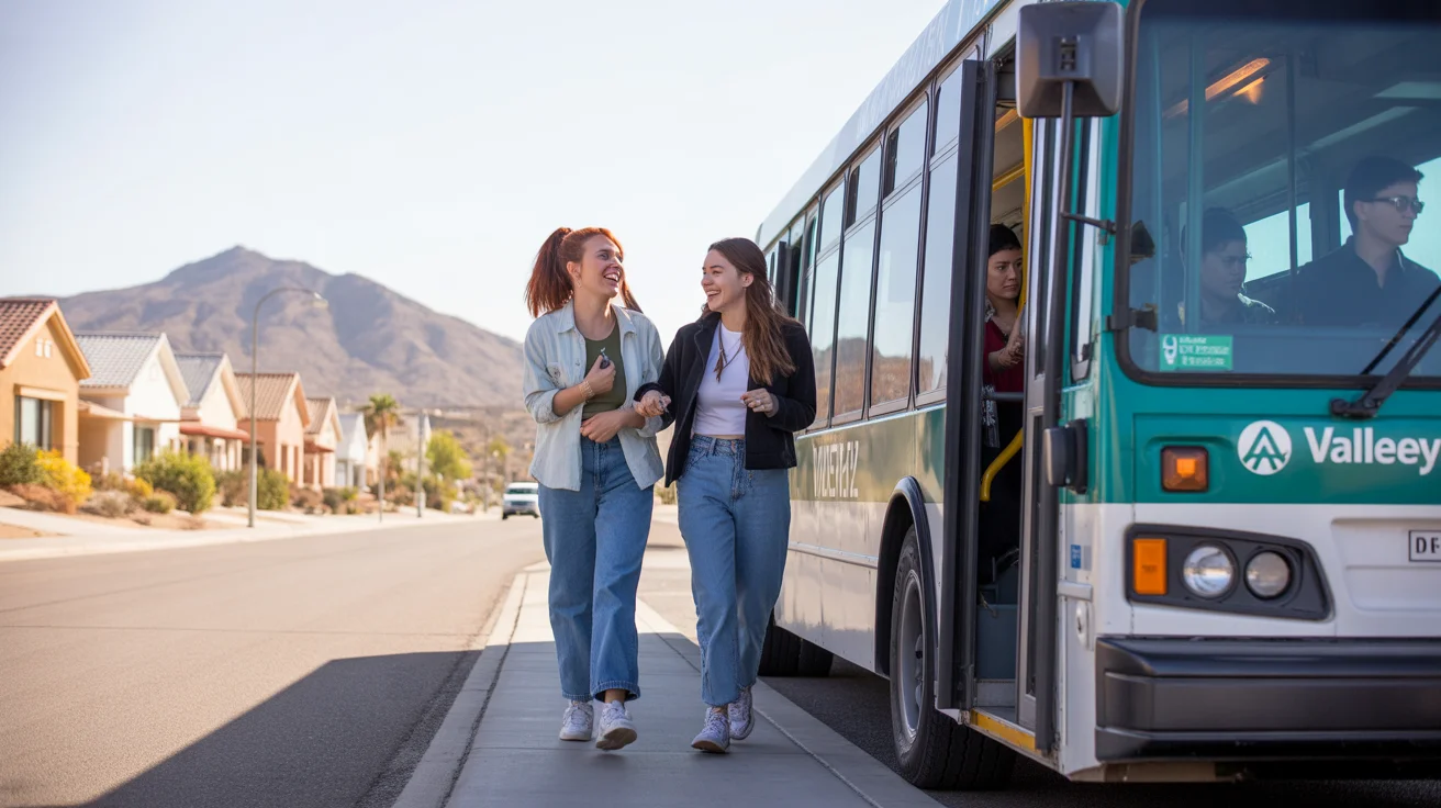 Two young women walking toward a Valley Metro bus on a suburban street corner in Buckeye, Arizona
