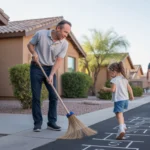 Man sweeps driveway of duplex in San Tan Valley Arizona as young girl plays hopscotch nearby at sunset
