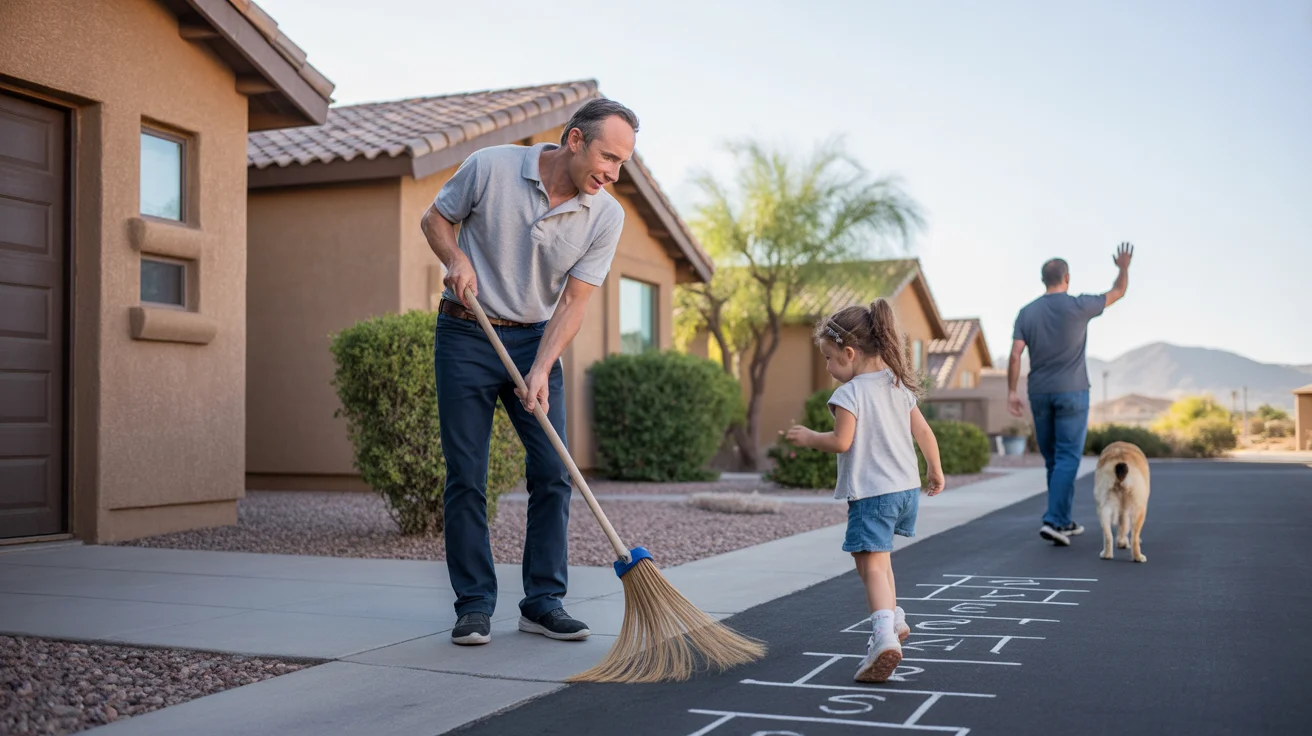 Man sweeps driveway of duplex in San Tan Valley Arizona as young girl plays hopscotch nearby at sunset