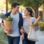 Couple carrying groceries home in Phoenix, Arizona