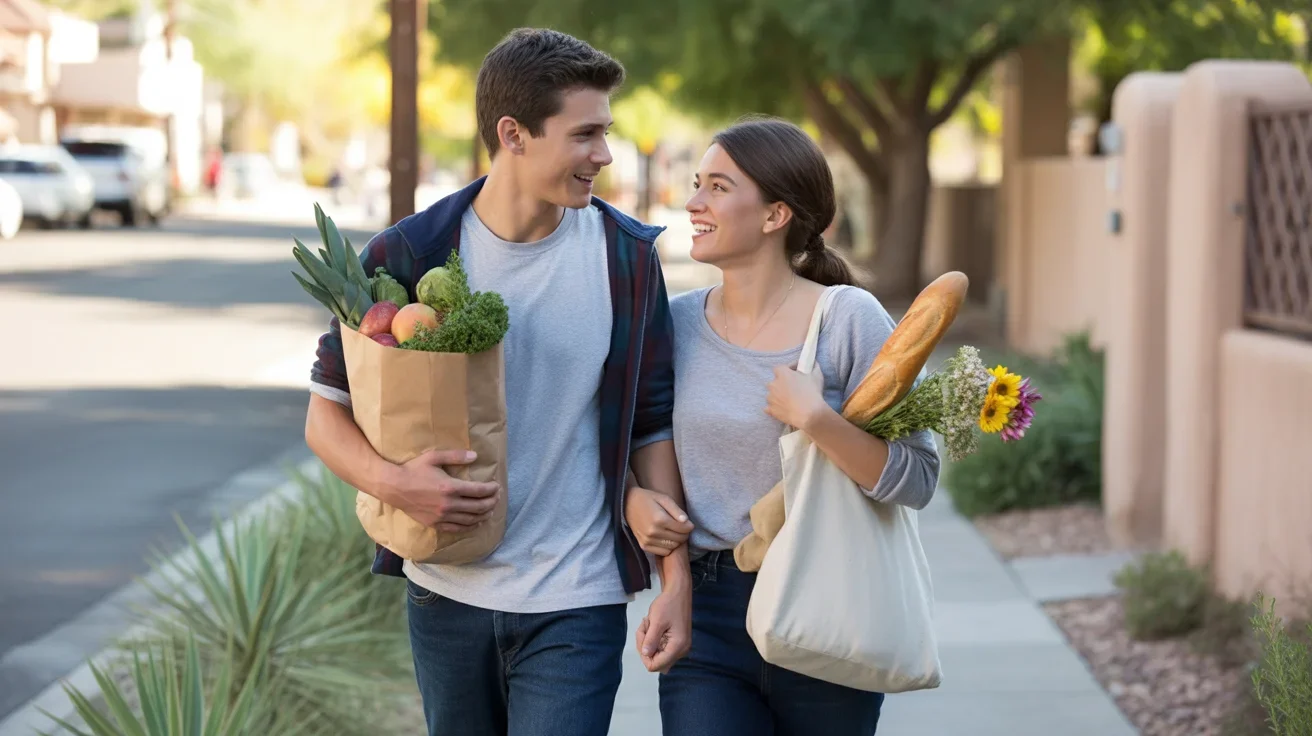 Couple carrying groceries home in Phoenix, Arizona