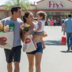 A couple with a toddler leaves a Fry's grocery store in San Tan Valley, AZ carrying bags and flowers.