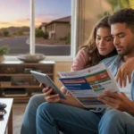 Couple considers streaming and internet options while sitting on couch in San Tan Valley home at sunset