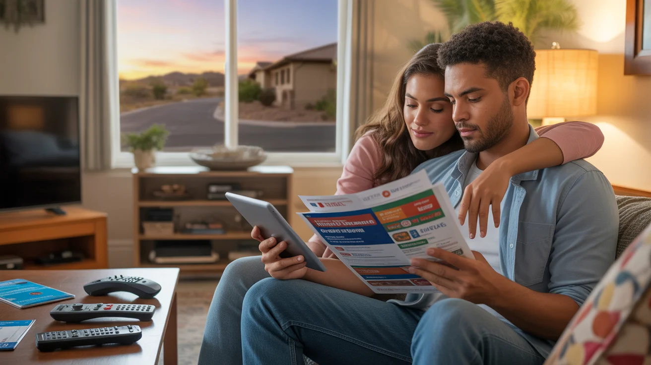 Couple considers streaming and internet options while sitting on couch in San Tan Valley home at sunset