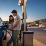 A couple fills up their SUV with gas at a Queen Creek, AZ gas station on a summer evening.