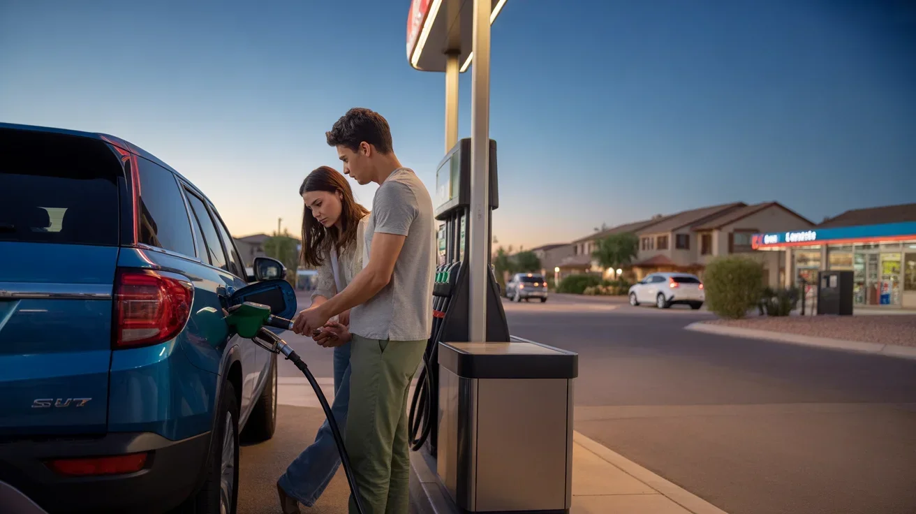 A couple fills up their SUV with gas at a Queen Creek, AZ gas station on a summer evening.
