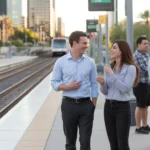 Two coworkers chatting on a Valley Metro light rail platform in Chandler, AZ during the early evening commute.