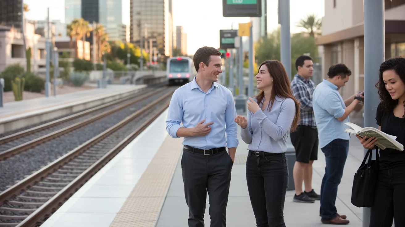 Two coworkers chatting on a Valley Metro light rail platform in Chandler, AZ during the early evening commute.