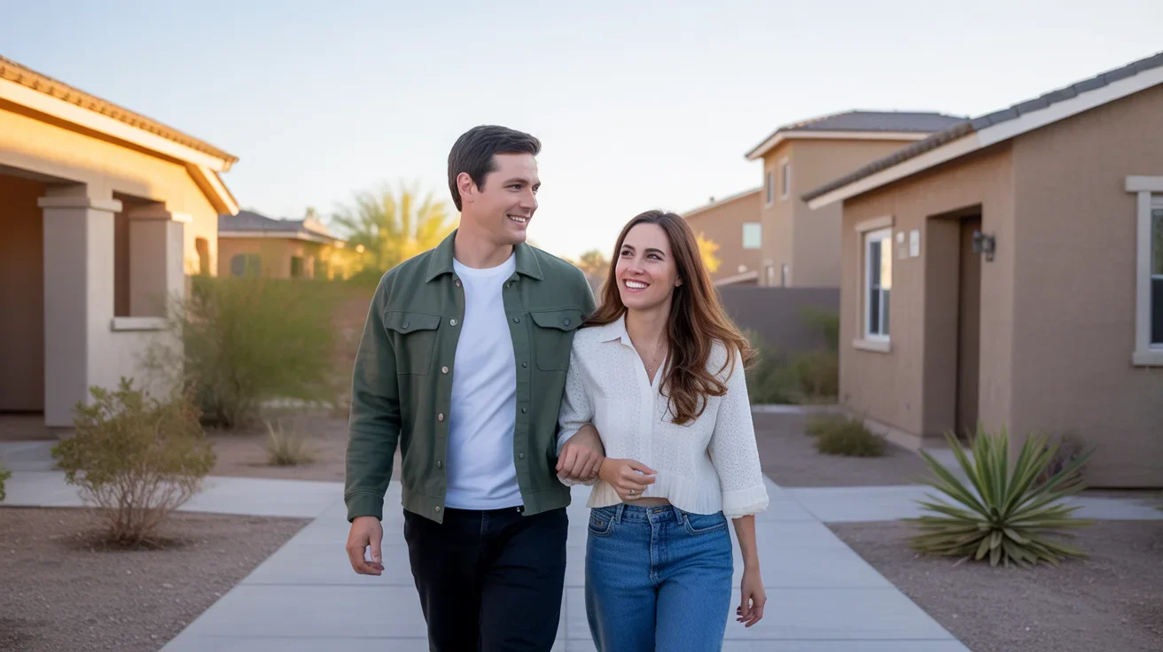 A couple explores a peaceful Phoenix neighborhood at sunset, admiring affordable homes