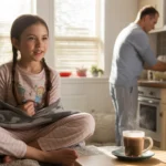 Young girl watching cartoons wrapped in a blanket in the living room of a Riverside home on a winter morning