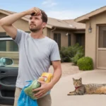 Man unloading groceries from car in driveway of suburban home in Tempe, AZ on hot summer day, with cat sleeping near garage