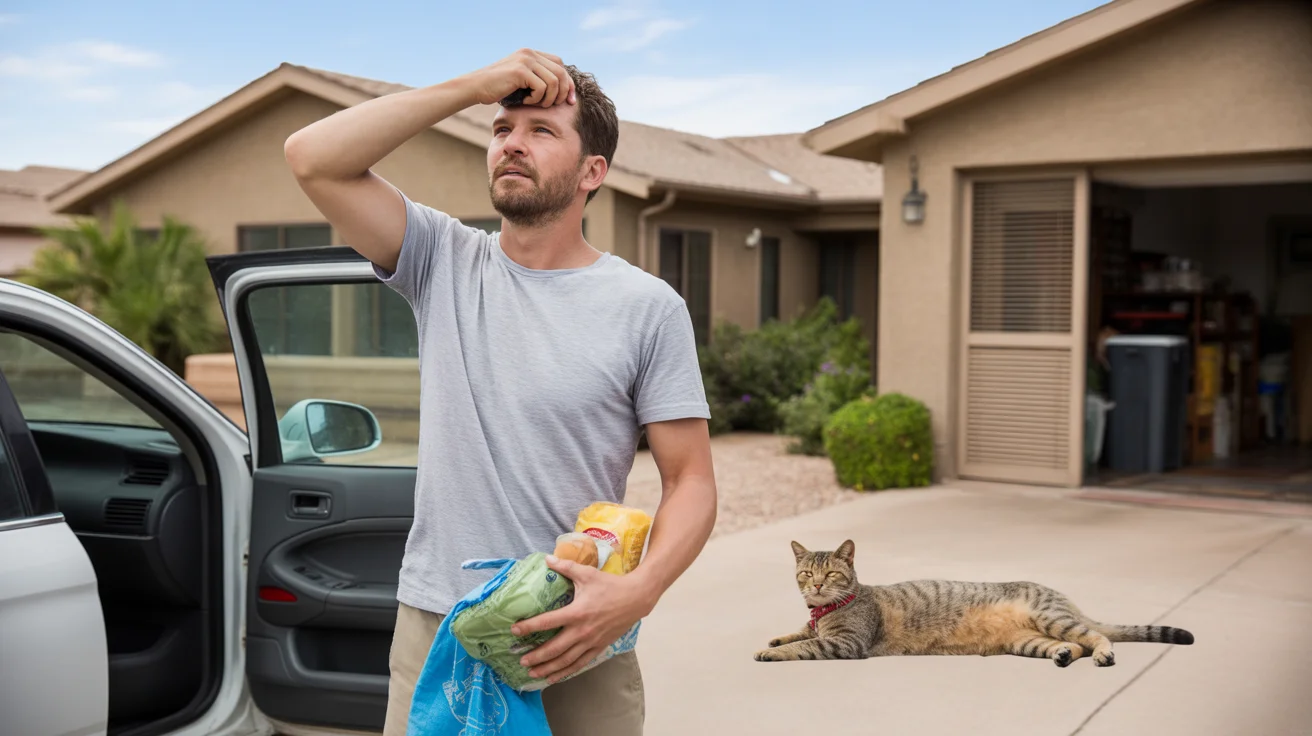 Man unloading groceries from car in driveway of suburban home in Tempe, AZ on hot summer day, with cat sleeping near garage