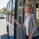 Woman boarding Valley Metro bus in Goodyear, AZ on sunny morning