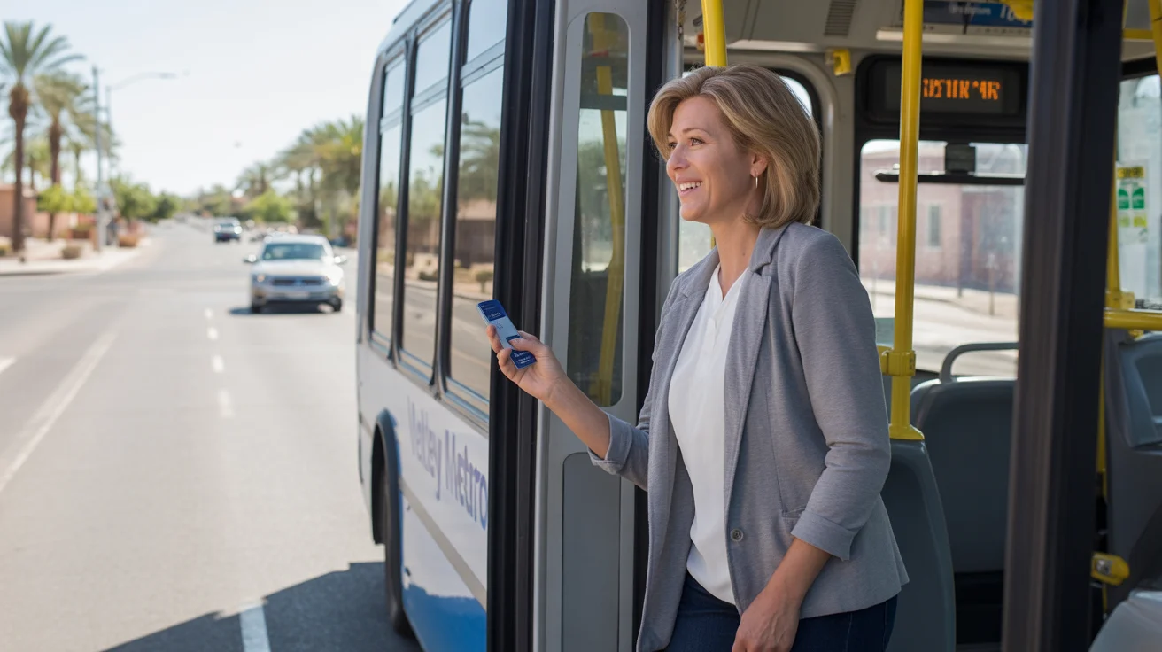 Woman boarding Valley Metro bus in Goodyear, AZ on sunny morning