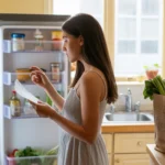 Woman checking refrigerator contents while holding grocery list in kitchen