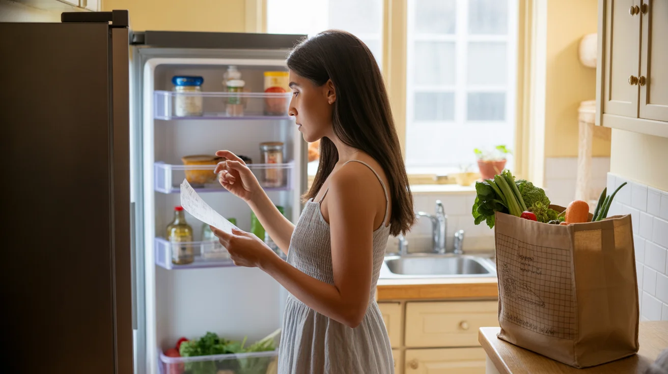 Woman checking refrigerator contents while holding grocery list in kitchen