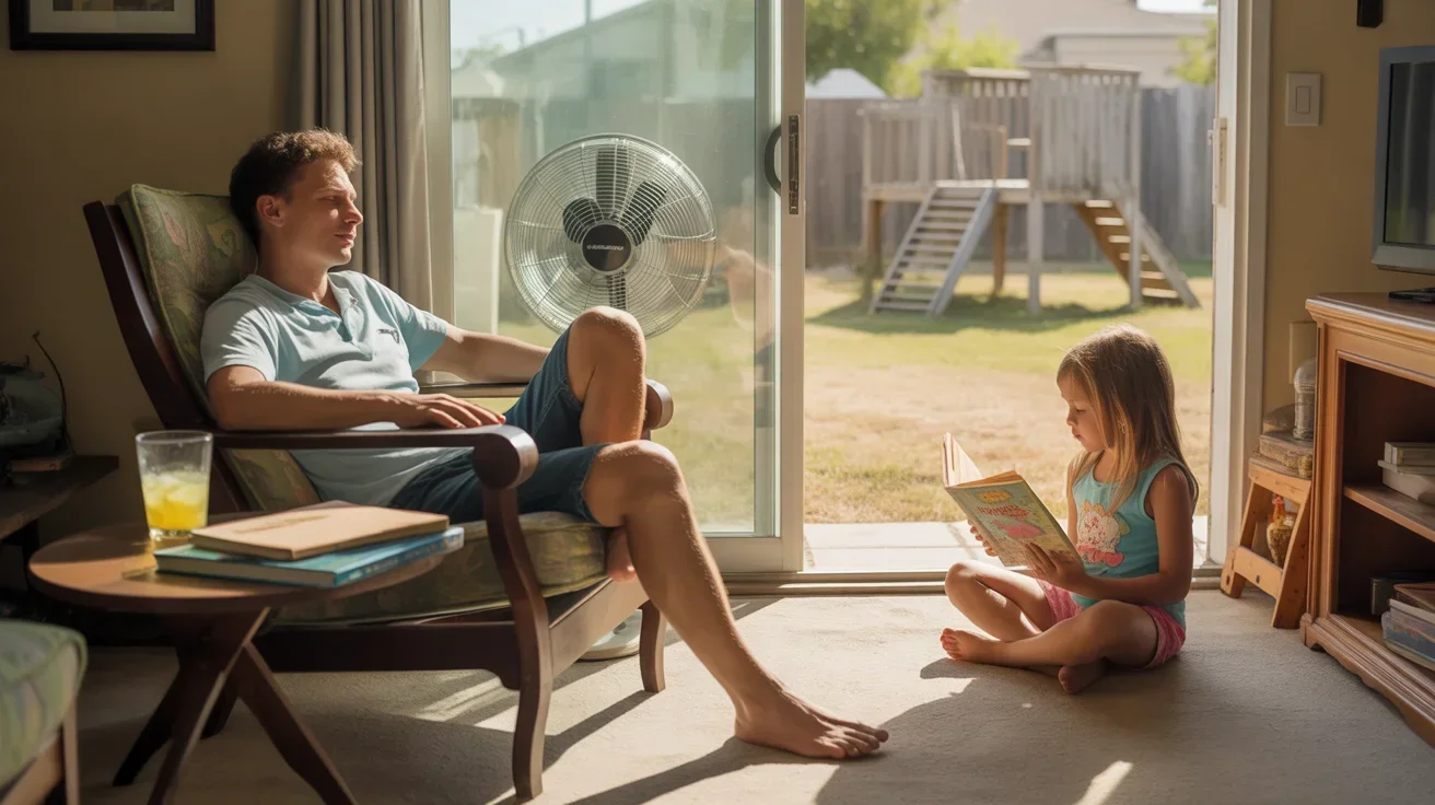 Father and daughter relax in cool corner of Gilbert home during hot summer day