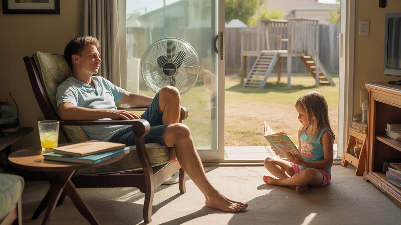 Father and daughter relax in cool corner of Gilbert home during hot summer day