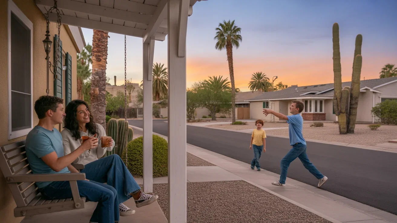 A couple relaxes on their Phoenix townhome porch at sunset while a father and son play catch in their front yard across the street.