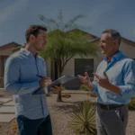 Homeowner discussing landscaping costs with professional in Goodyear, Arizona front yard